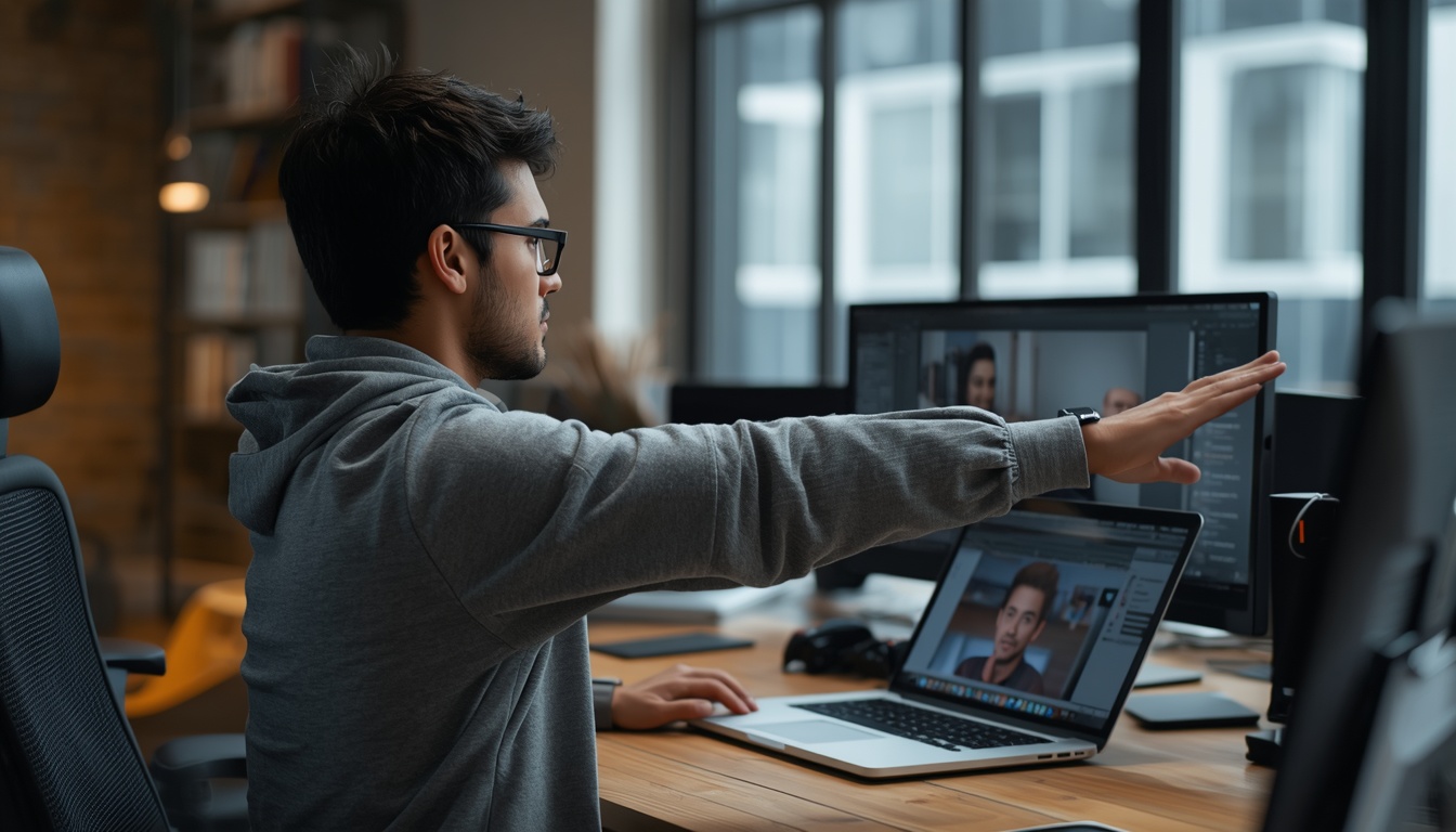 Colleague stretching arms beside a laptop during DeskMotion coaching